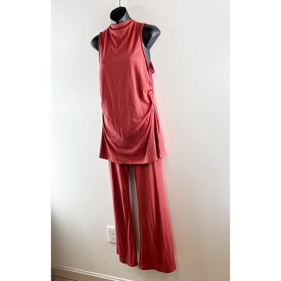 En Elly Anthropologie 2 Piece Ribbed High Neck Top & Flare Pants Red Medium - Picture 8 of 10
